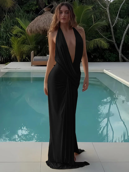 Vacay Halter Maxi Dress | Deep V Backless Summer Dress